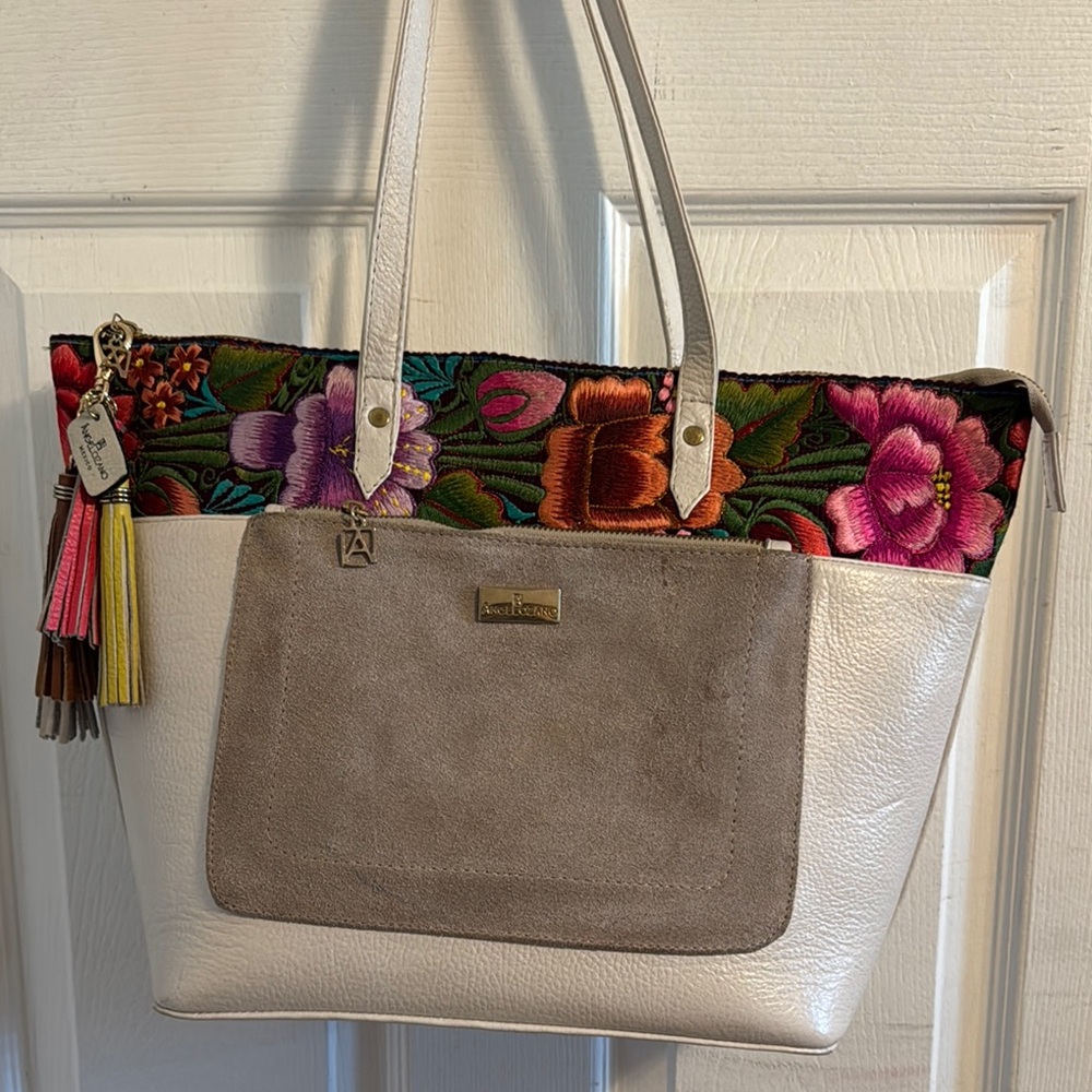 Cream and Gray Two-Tone Tote Bag with Tassel Detail